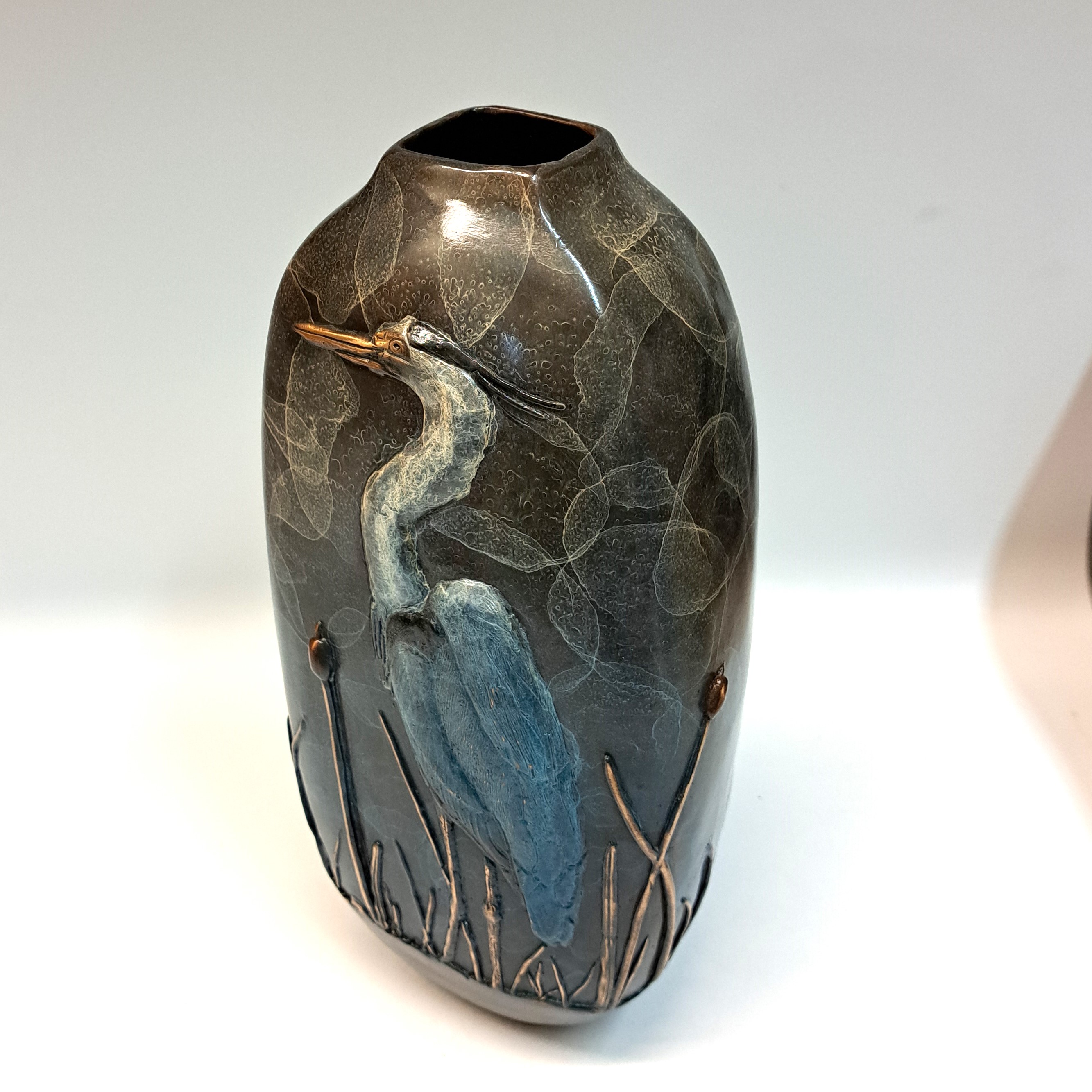 FL112 Bronze Vase Blue Heron 12x6x4 $1950 at Hunter Wolff Gallery